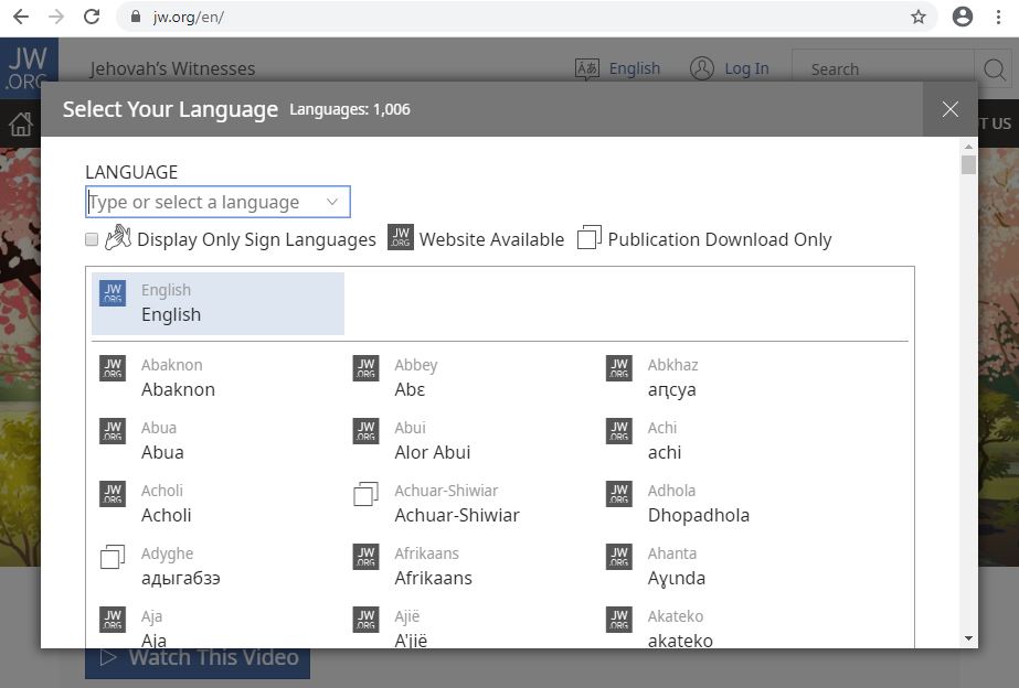 A picture showing available languages in JW.org